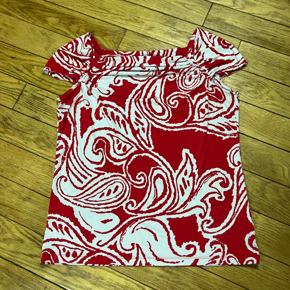 Jones New York Signature Red White Paisley Square Neck‎ Cap Sleeve Top Large